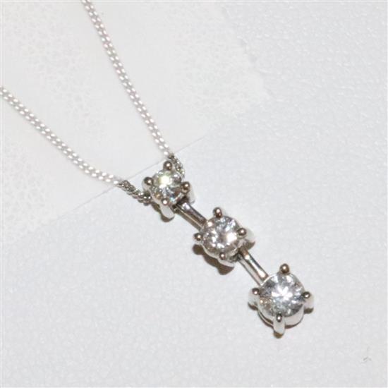 18ct white gold three-stone diamond pendant on fine chain (a.f)